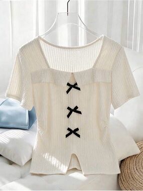 Women Tshirt soft cream square neckline with three black bow